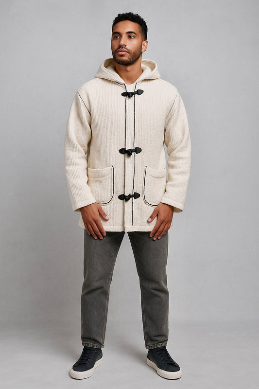 Amazigh Berber traditional hooded coat with toggle closures worn by man